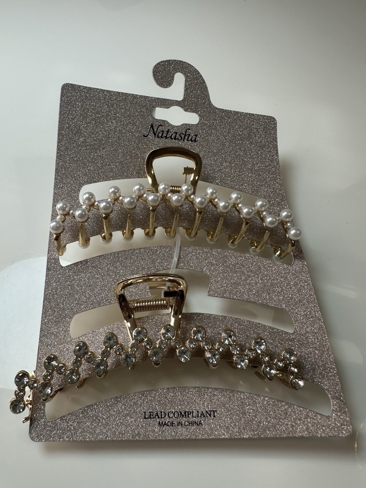 Natasha Women’s Hair Claw Clip Set 2-Piece Gold White Clear Pearl Rhinestone
