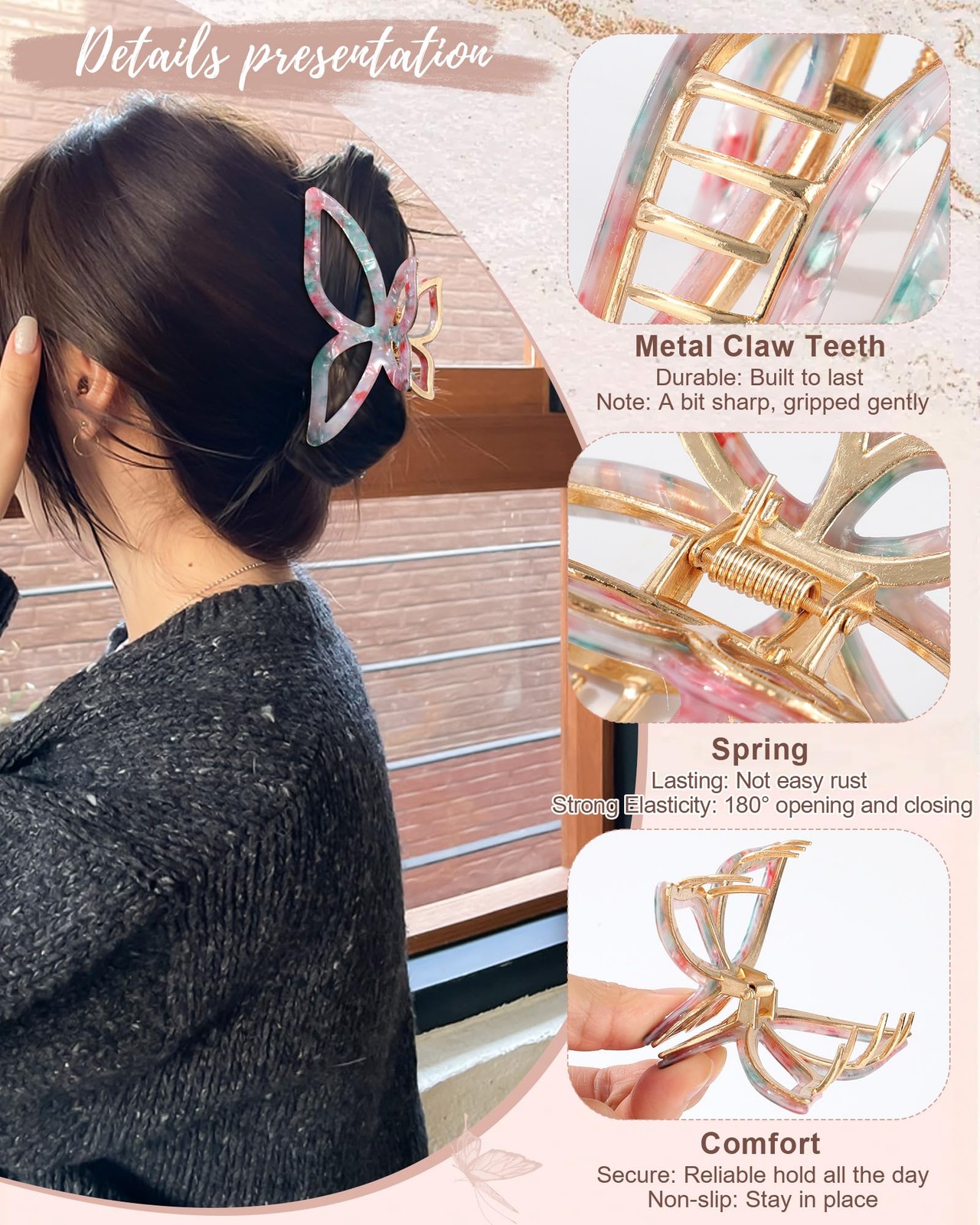 3 PCS Metal Acrylic Hair Bow Claw Clips Strong Hold Non Slip Large Gold Thick