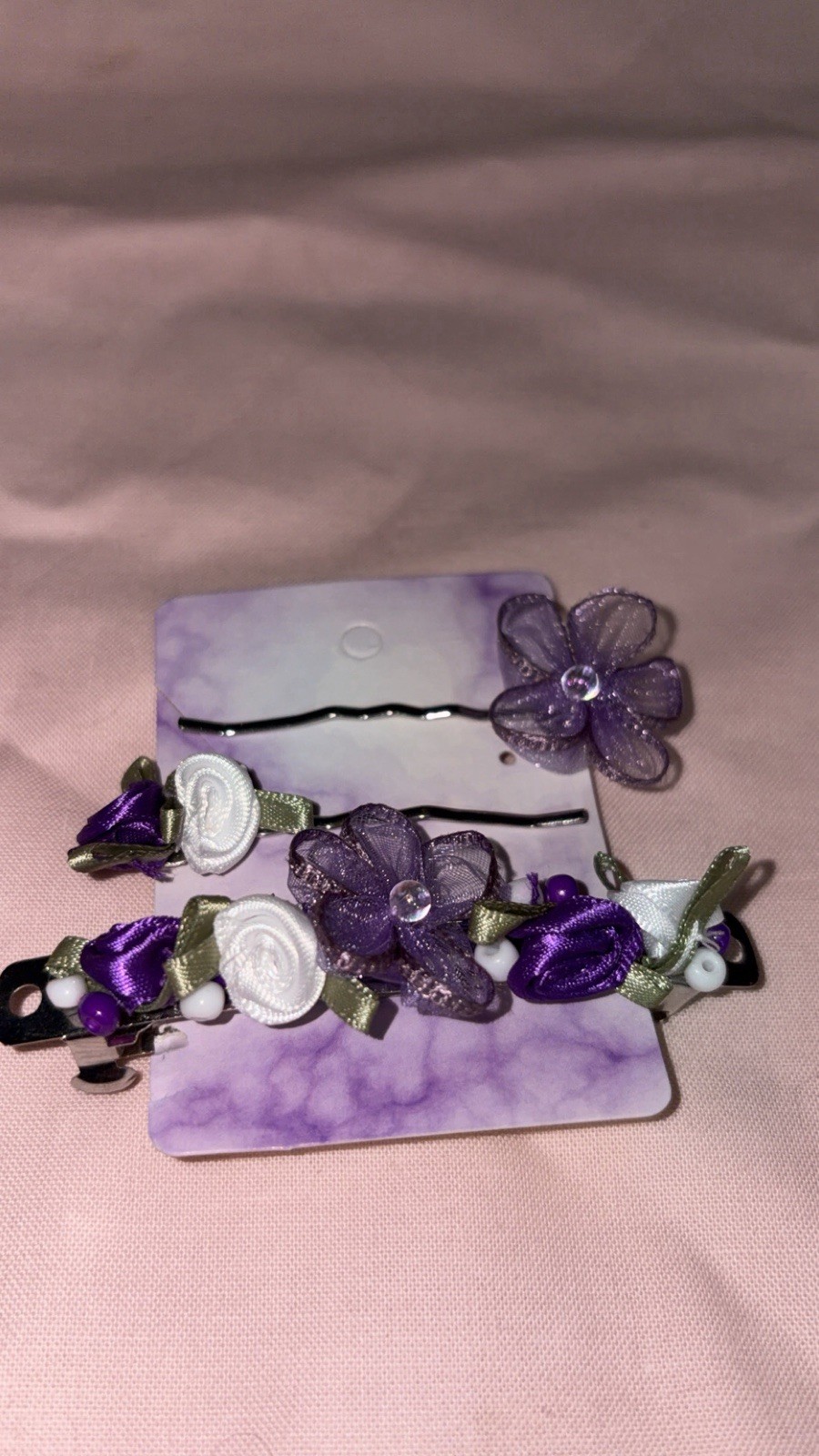 Handmade Purple & White Floral Hair Accessory Set – 3 Piece