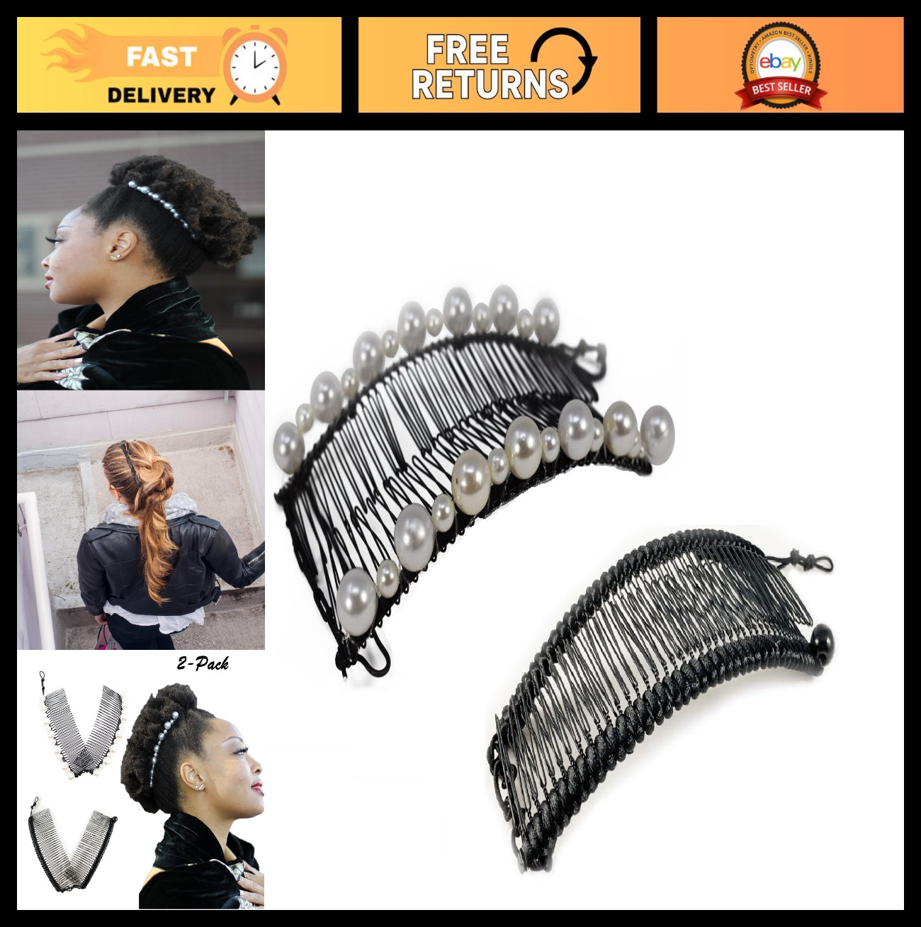 2-Pack Stretch Banana Clips – Hair Combs for Thick Natural Hair, All-Day Hold Up
