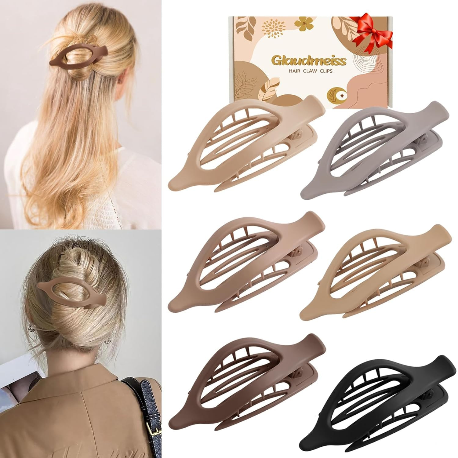 6 Packs Flat Claw Clips for Women, French Concord Flat Hair Clip, Matte Curved H