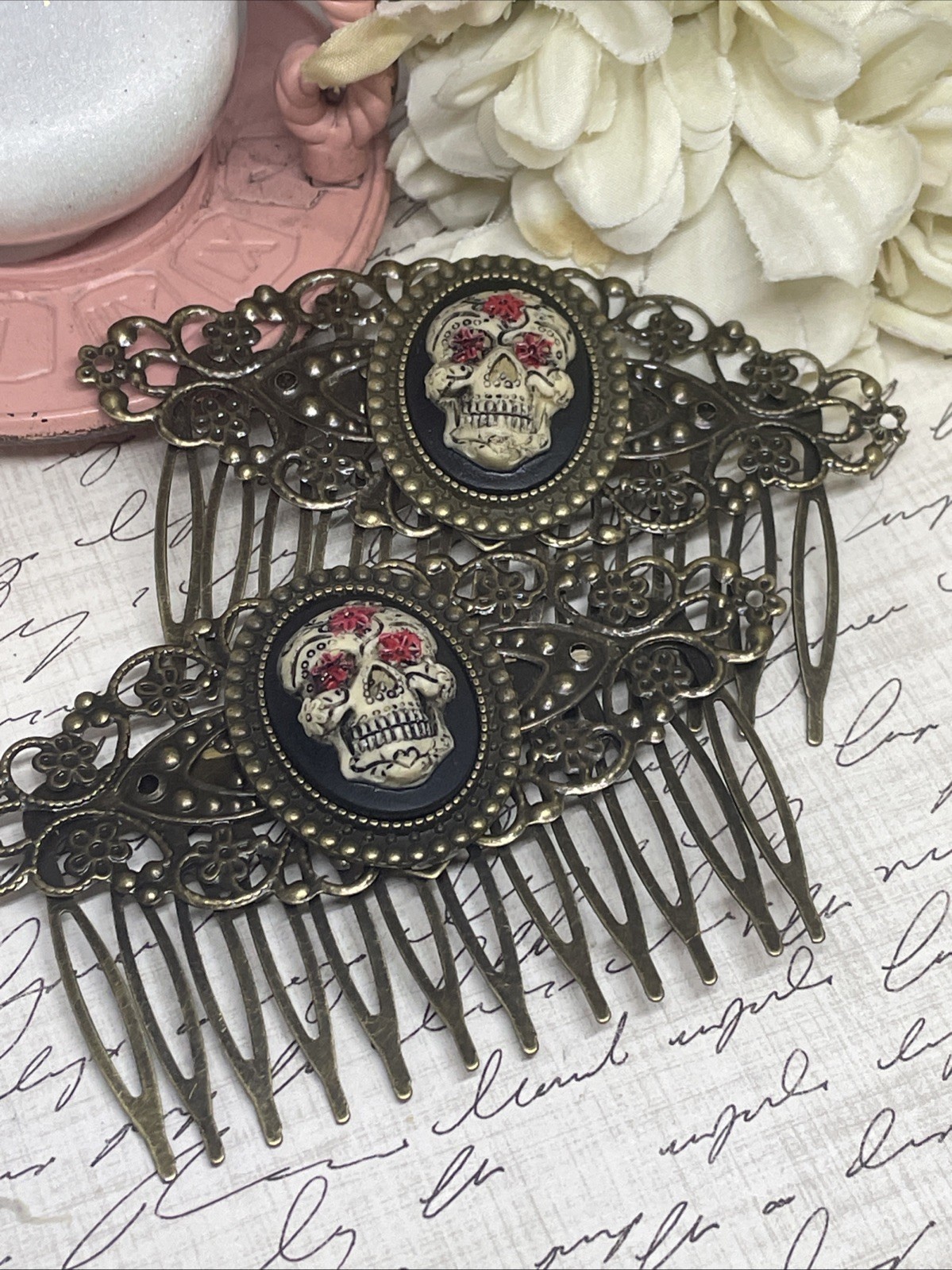 Bronze Barrette Jewelry Hair Combs Cameo Sugar Skull Gothic Day Dead Halloween