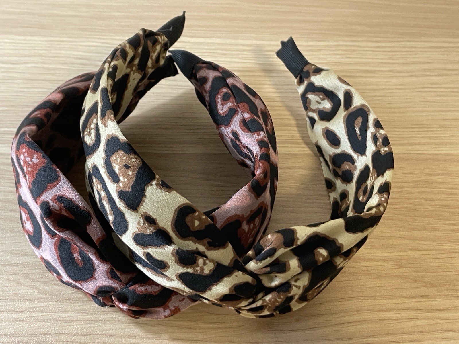 Leopard Print Knot Headband Set Blush & Tan Animal Print Satin Feminine Soft