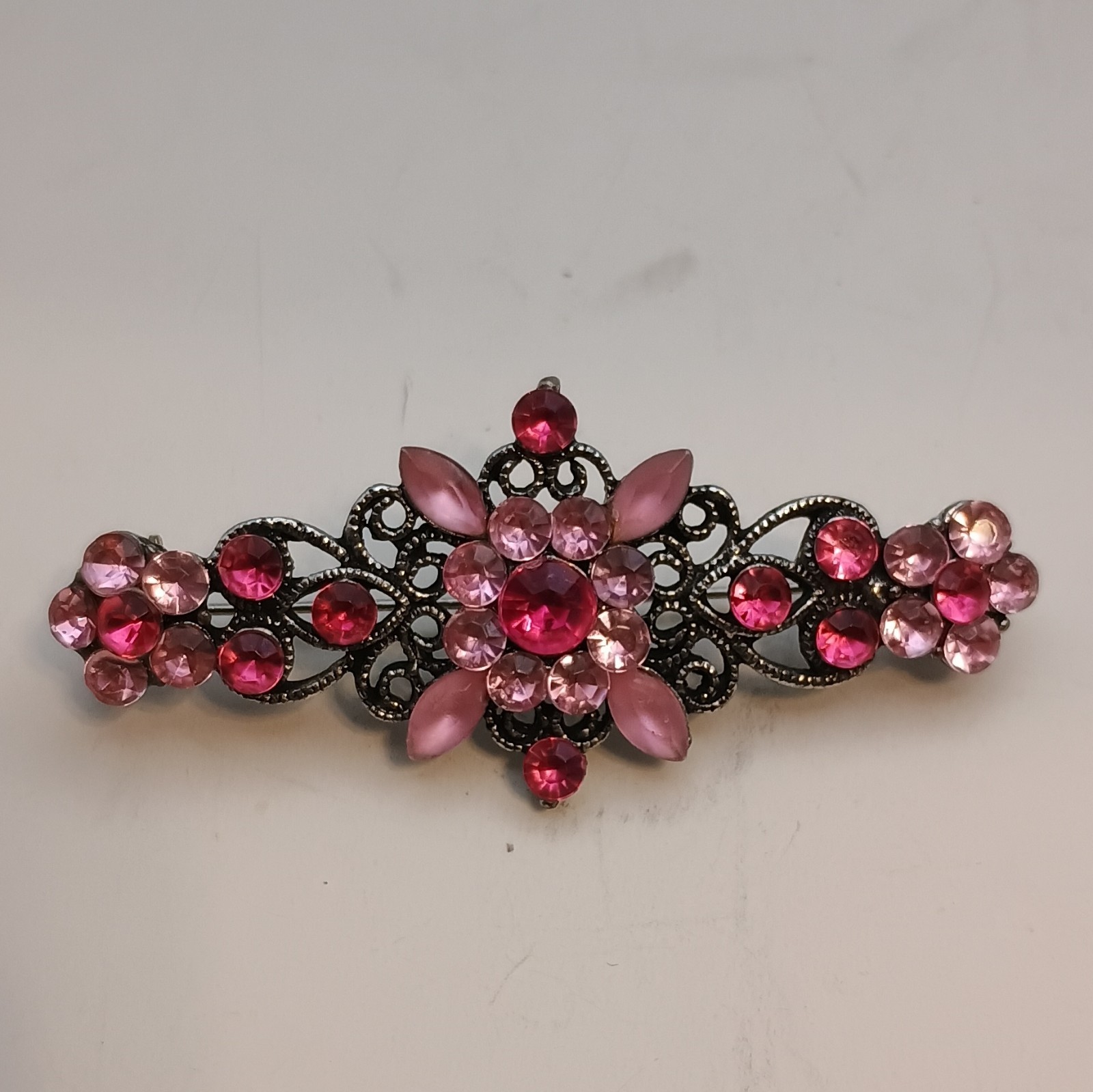 Pink Silver Rhinestone Floral Flower Barrette Hair Clip Metal Decorative