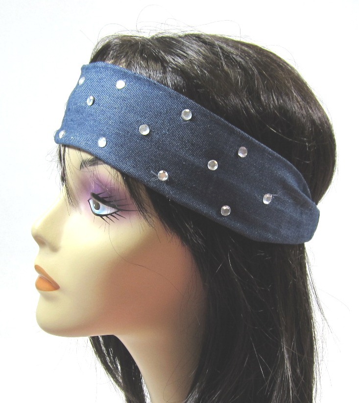 LOT OF 3 HEAD BAND—100 % Cotton Blue Jean Headband With Faux Stone –EH210A