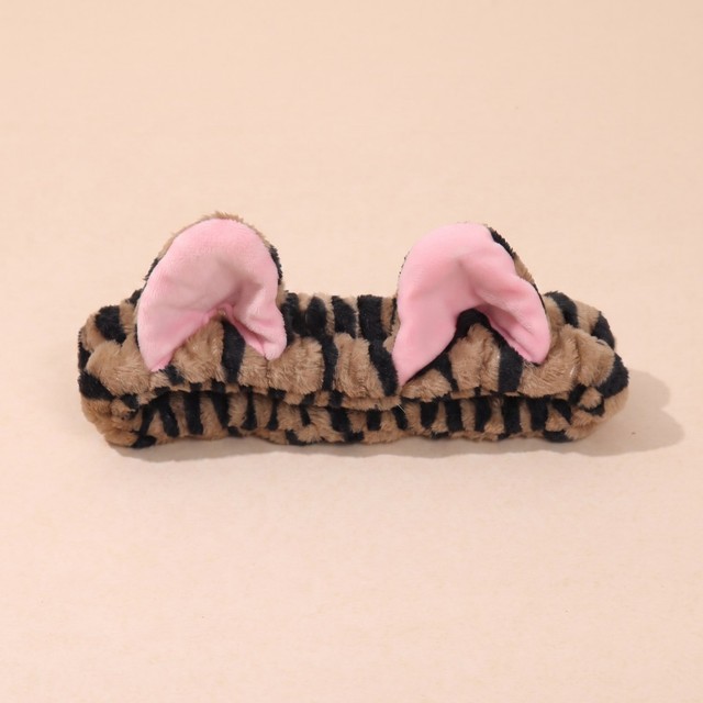 2 Pack Plush Striped Spa Headband and Wristband Set with Cute Animal Ears