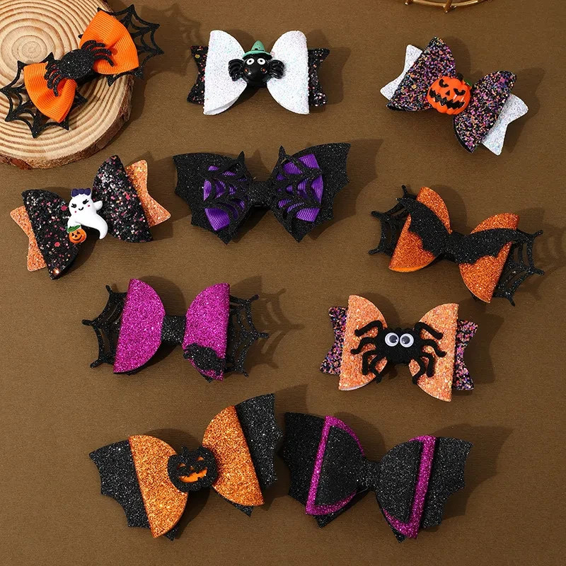Halloween Glitter Hair Bow Clip Spider Pumpkin Bat Ghost Hairpin Party Costume