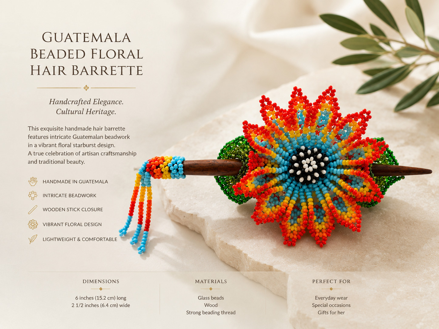 Guatemala Artisan Beaded Floral Hair Barrette Wooden Hair Accessory #2026053002