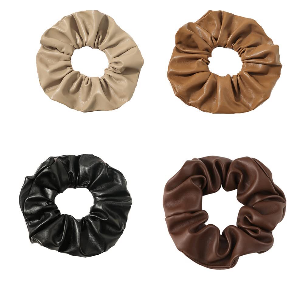 4 Pack Leather Elastic Hair Scrunchies Soft Elegant Hair Ties Ponytail Holder