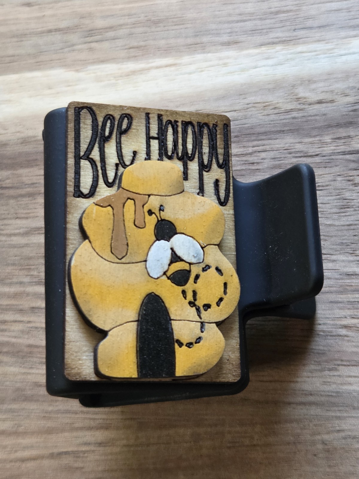 Hand Painted Wood Cut Bee Happy Claw Clip 2″