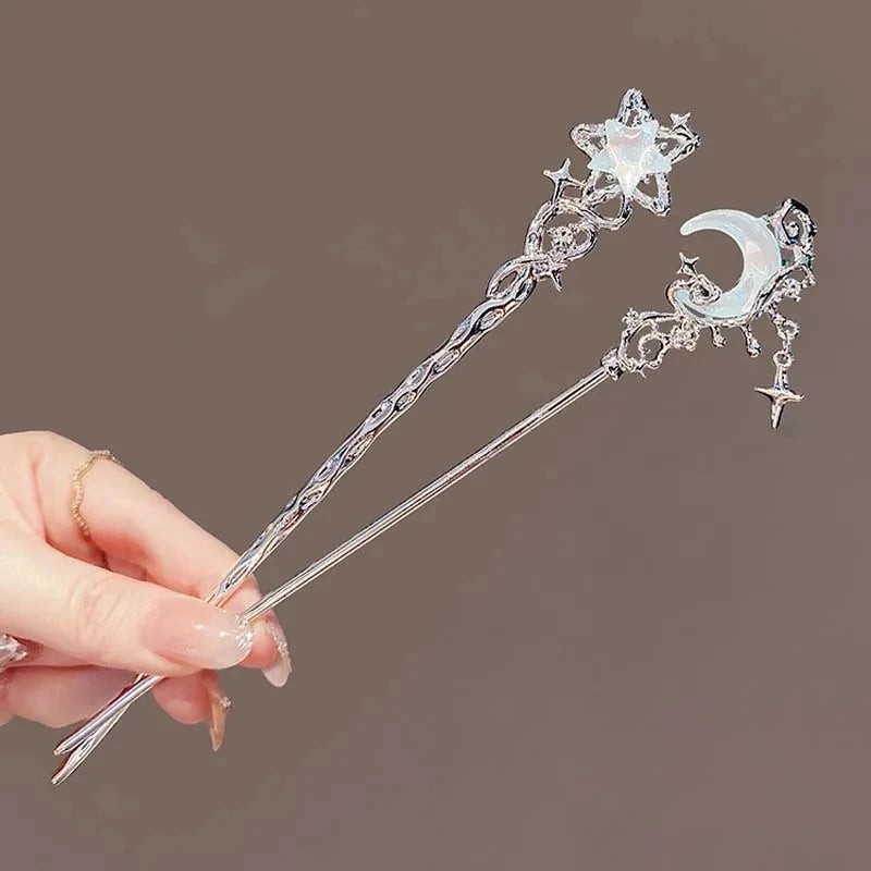 Vintage Zinc Alloy Star Moon Tassel Hair Stick Chinese Hairpin for Women