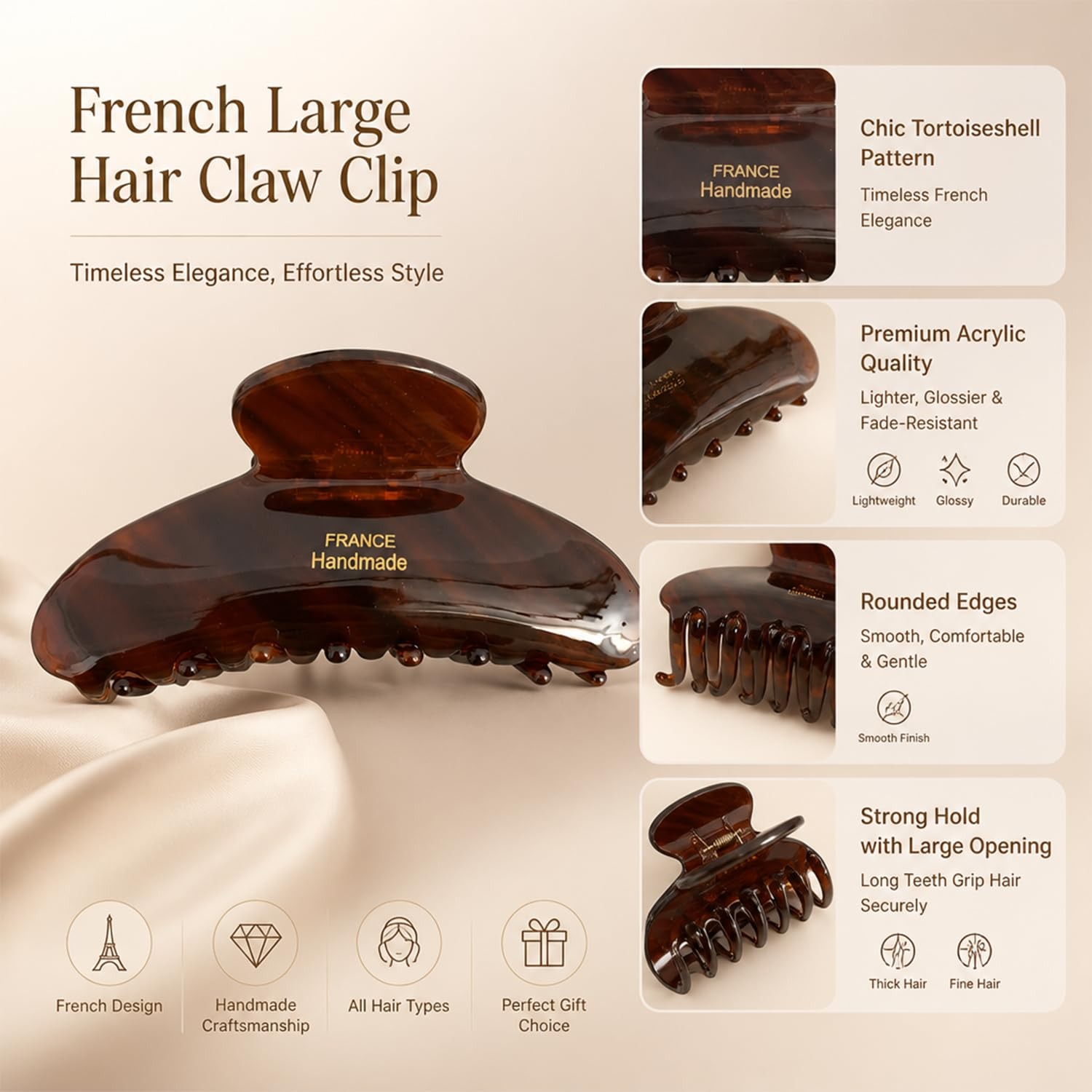 ZHOUMEIWENSP French Large Hair Claw Clips 1 Count (Pack of 1), Caramel color