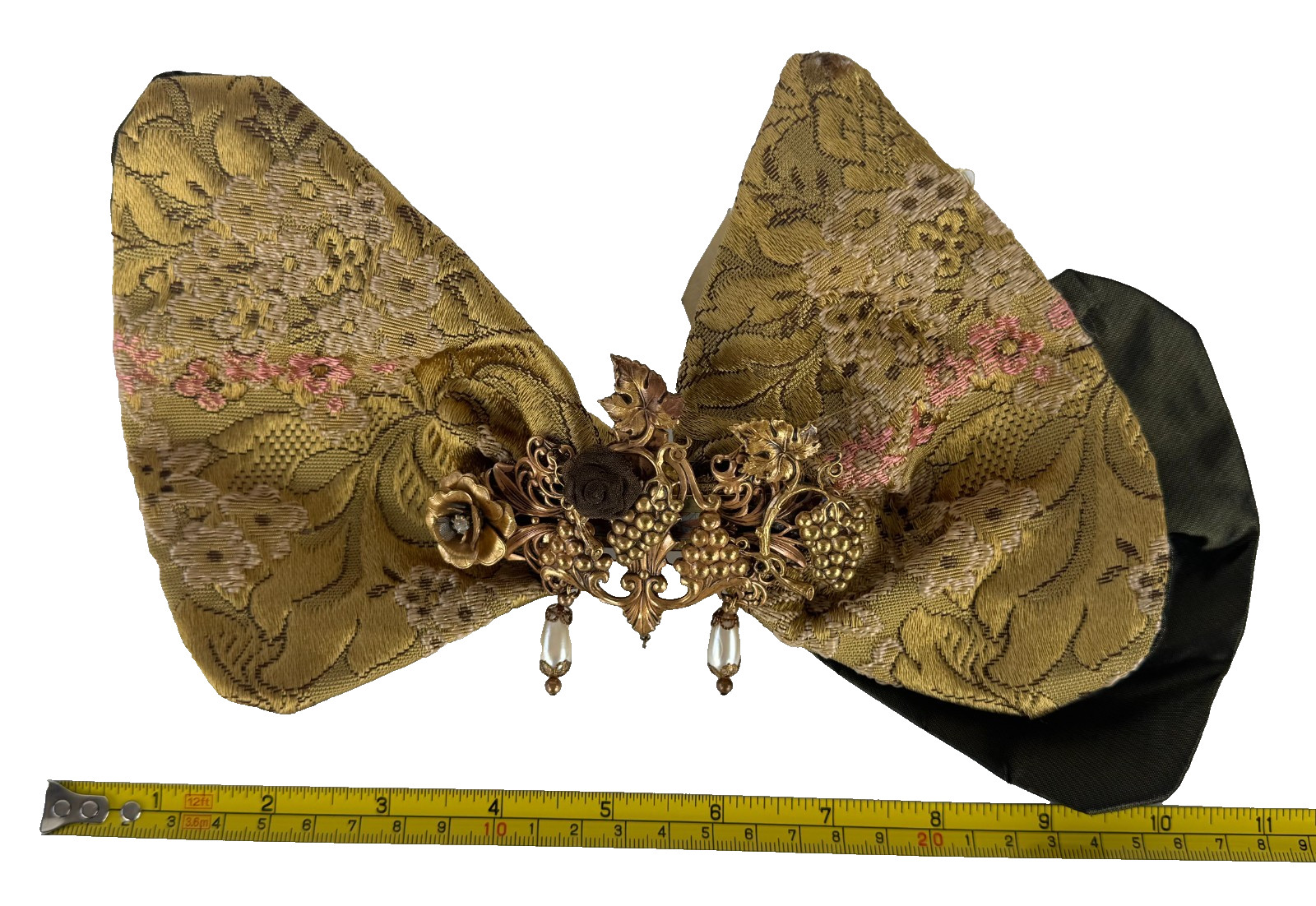 French Designer NWT madein France Vintage Gold Fabric Hair Bow Barrett Accessory