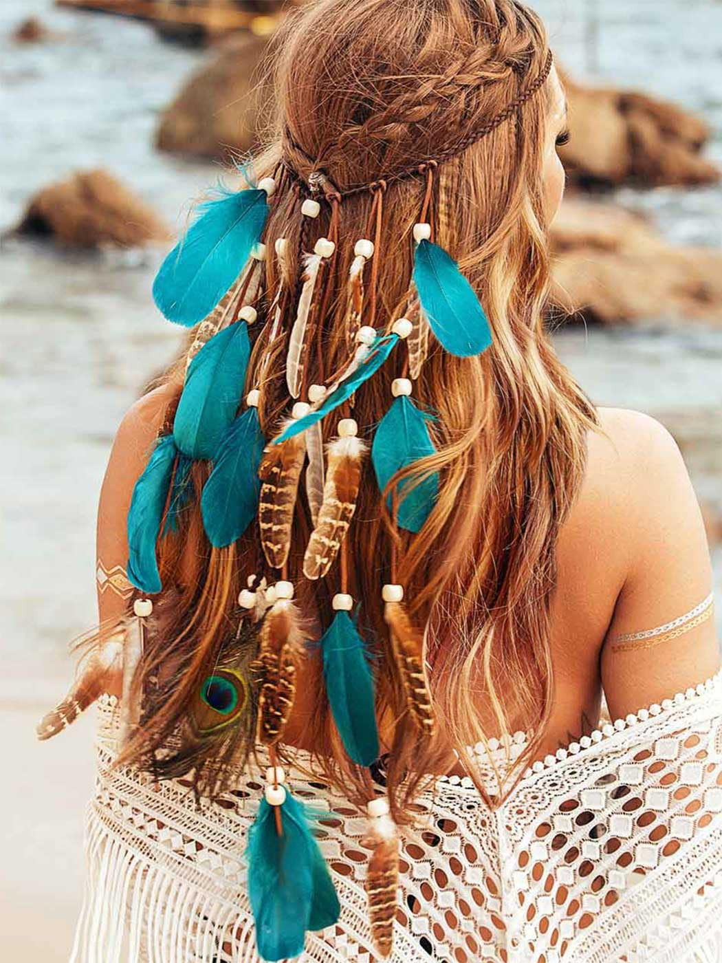 Boho Feather Headband Hippie Headpiece White Gypsy Costume Headband Indian Hair
