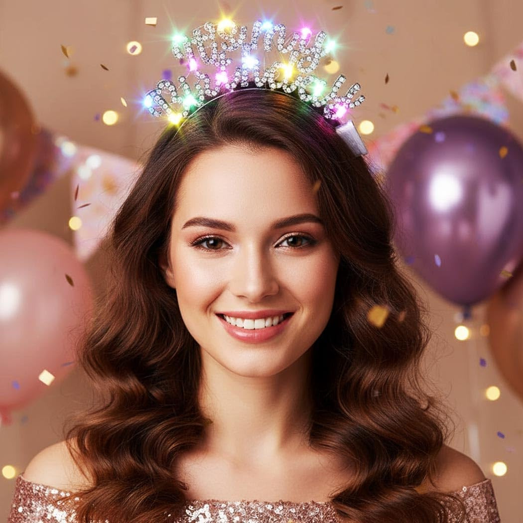 Light up Happy Birthday Headband Led Rhinestone Birthday Party Hair Accessories