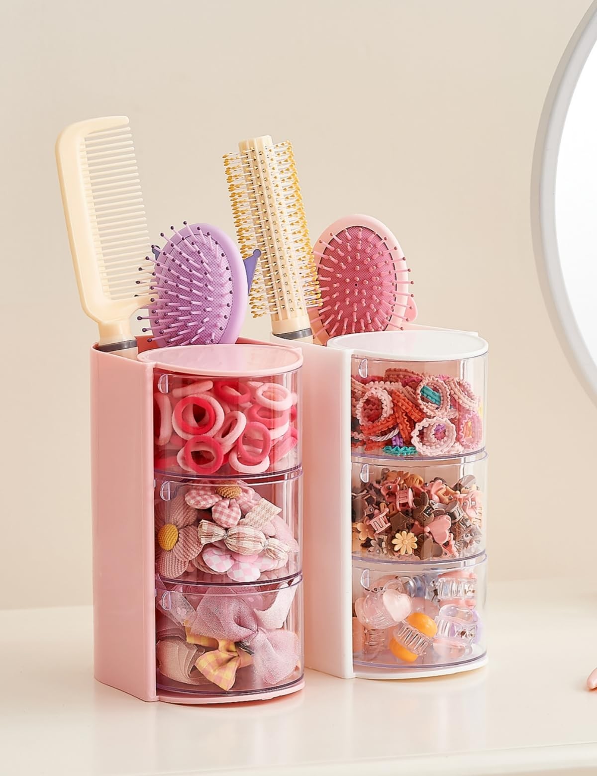 UFORU Hair Accessories Organizer with Brush Holder, 3Layer, Pink-3Layer