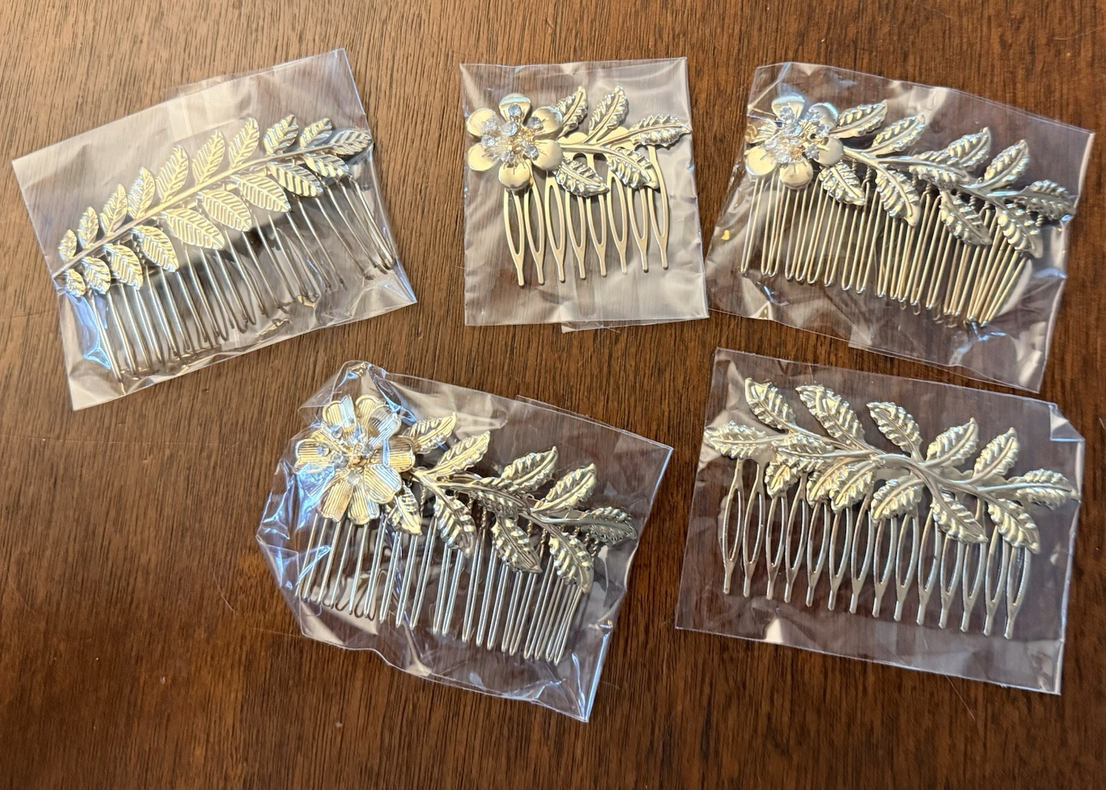 Lot of 5 Women’s Silver Tone Metal Hair Combs Floral Leaf Rhinestone