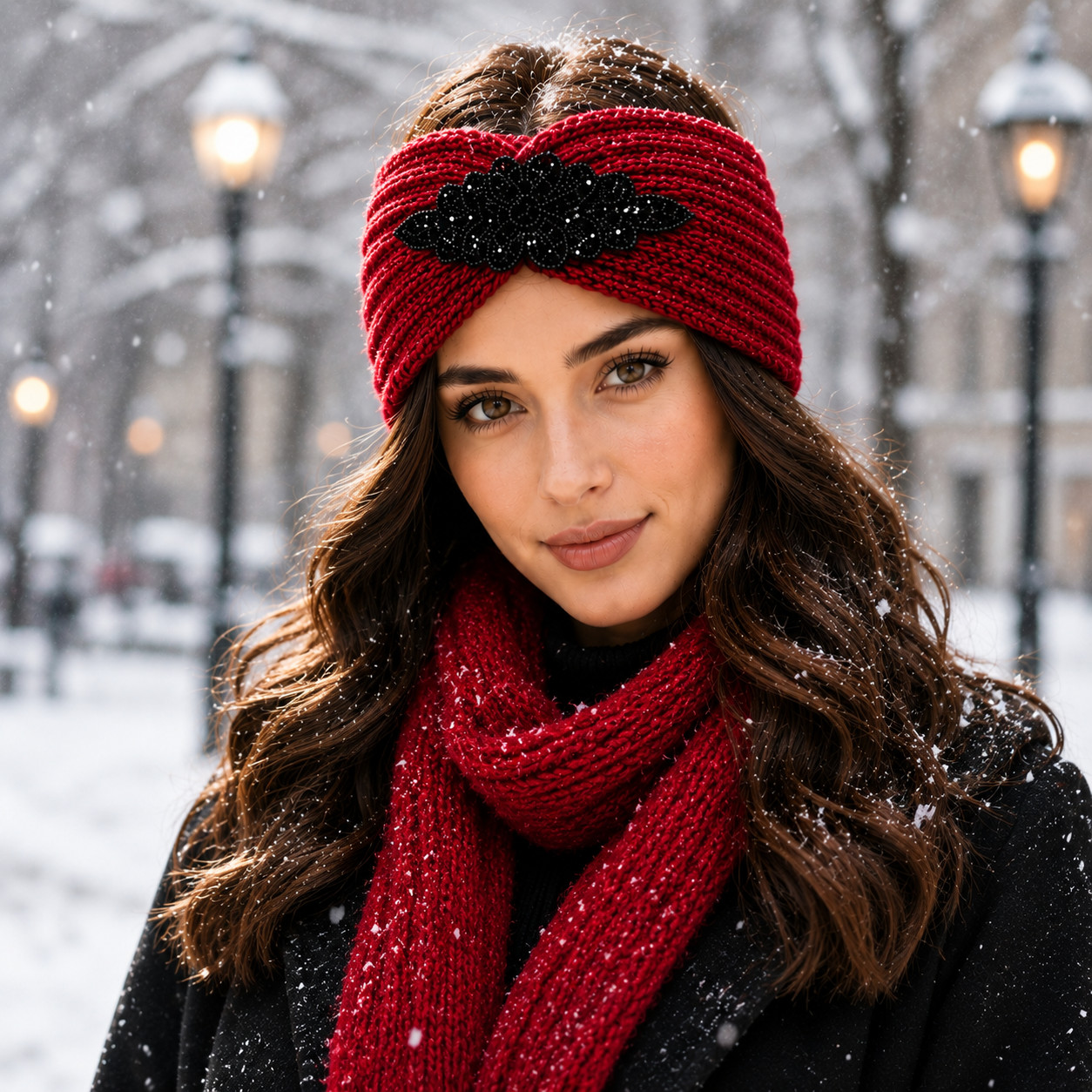 Women Headband Winter Ear Warm Crystal Beads Turban Headwarp Knit Wool Boho Hat