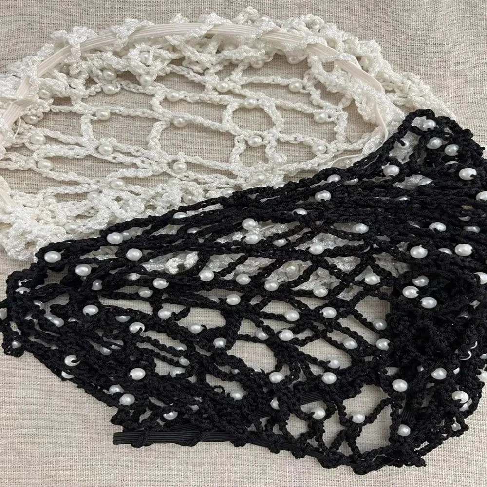 Crochet Hairnet Hair Net French Mesh Fish Net Snood with Pearls Women