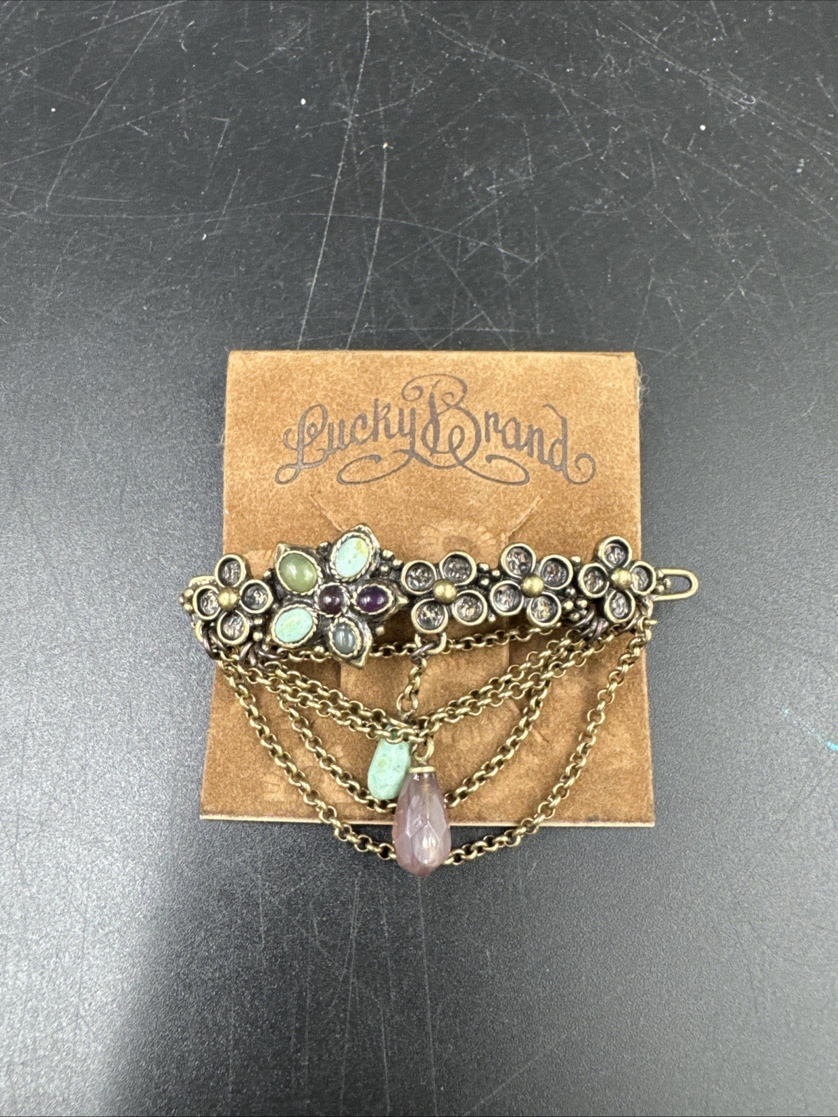 LUCKY BRAND Floral Flowers Barrette Hair Pin Clip Gold/ Bronze Color Dangle
