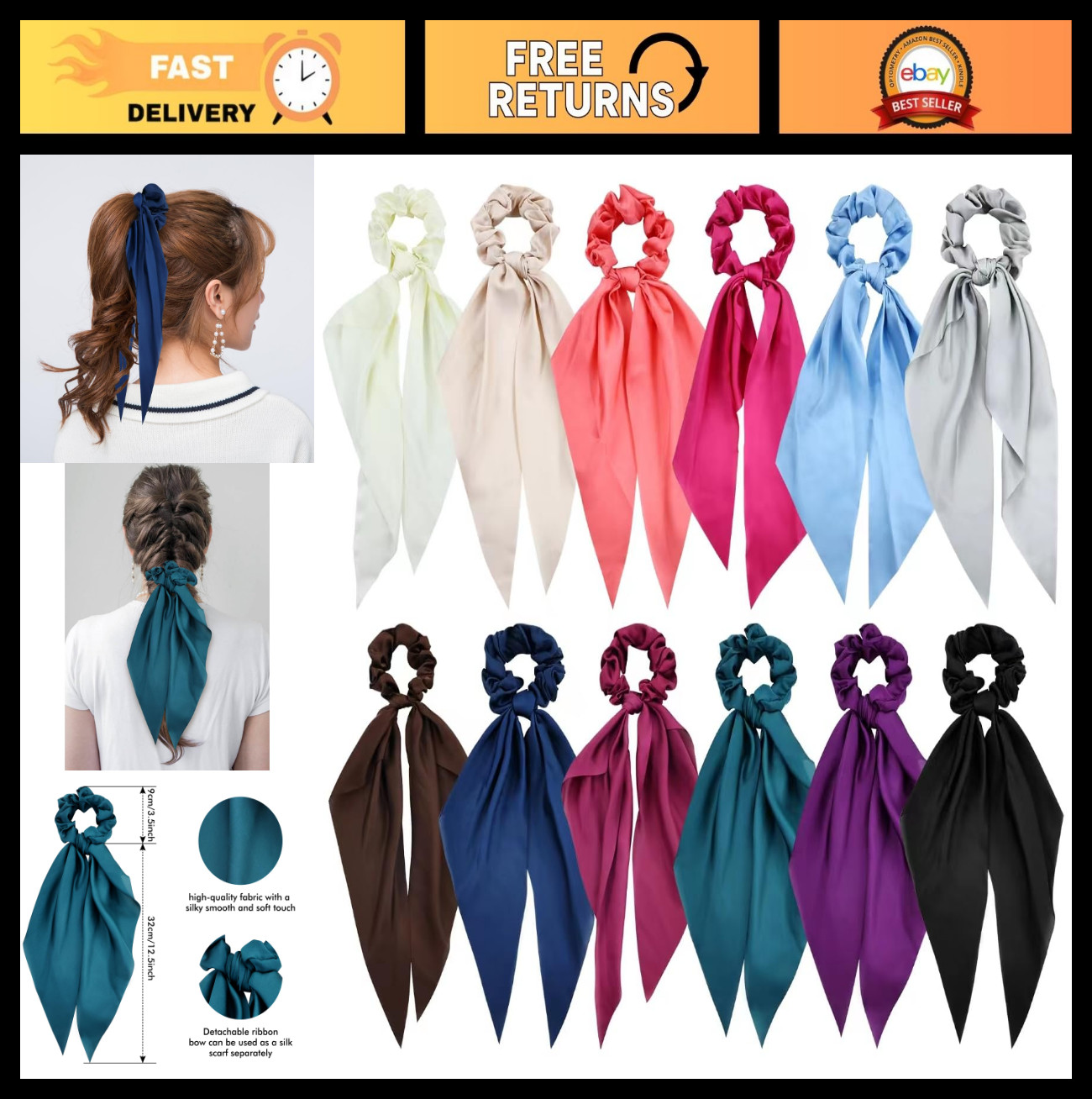 12 Pcs Satin Chiffon Hair Ties with Long Ribbon Bow Tail – Scrunchies for Women