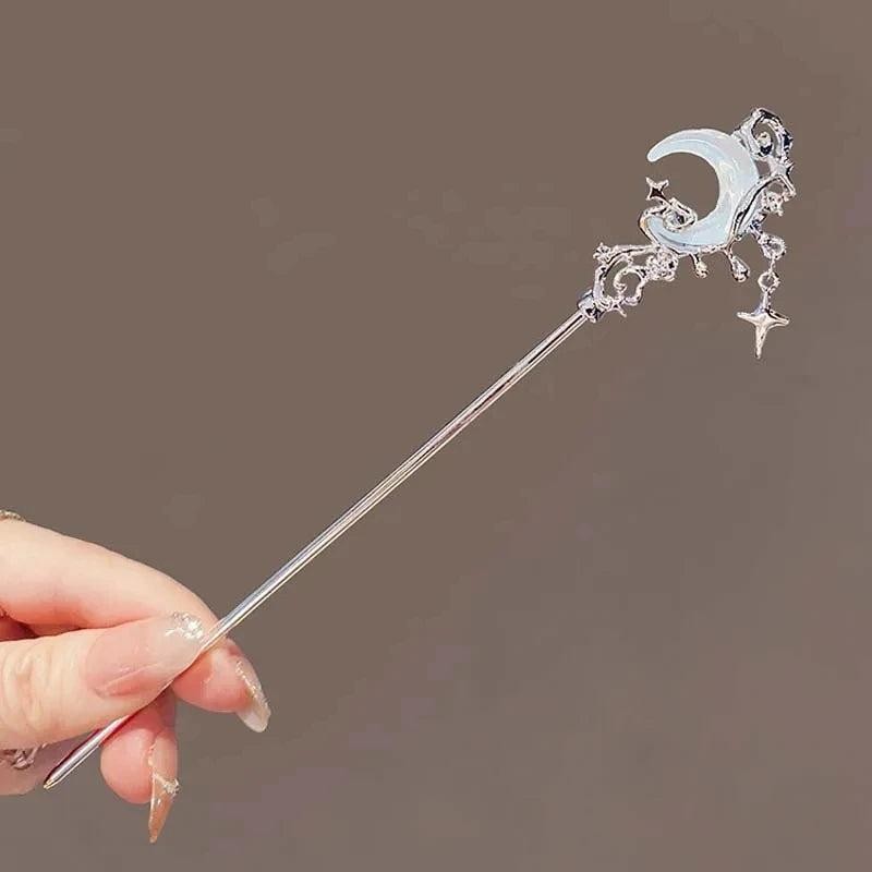 Vintage Zinc Alloy Star Moon Tassel Hair Stick Chinese Hairpin for Women