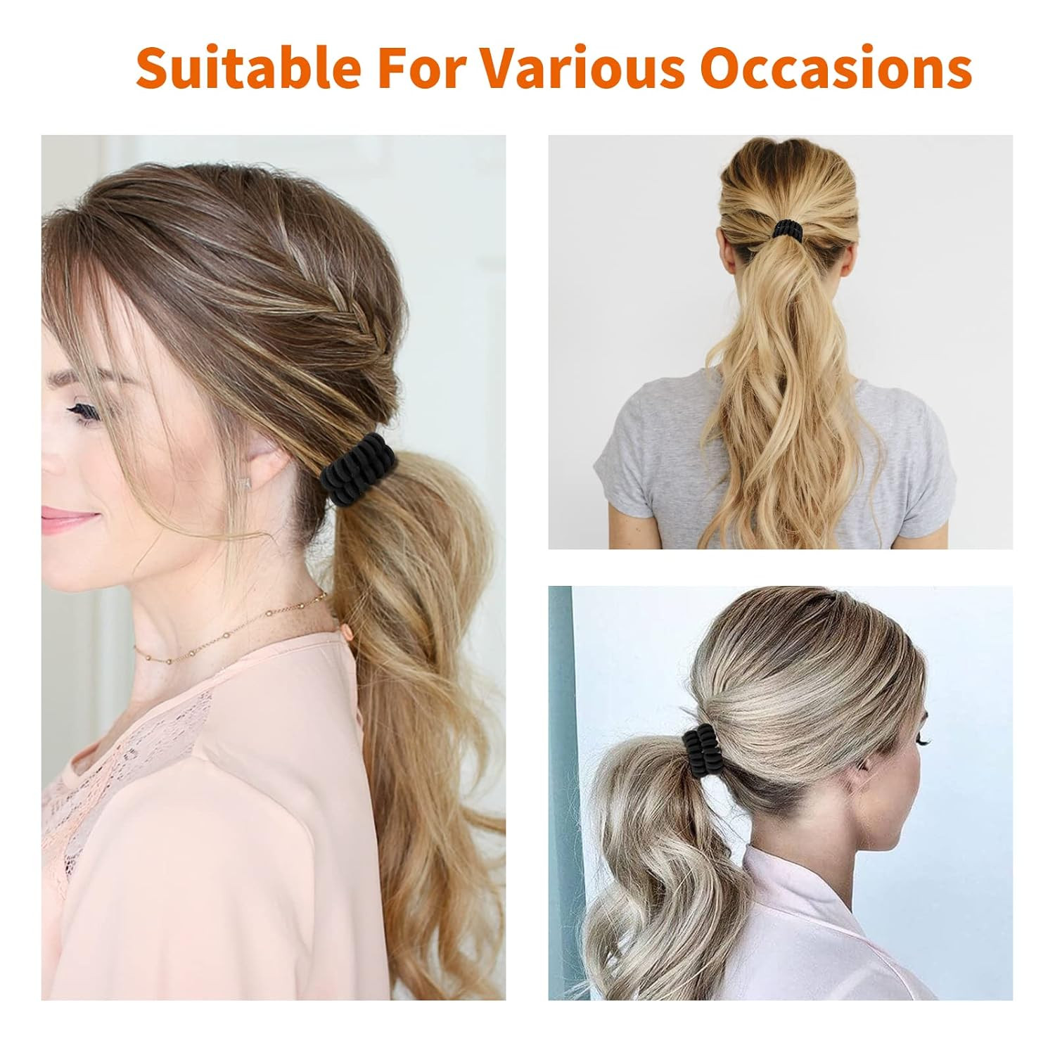Spiral Black Cloth Hair Ties for Thick, Ponytail Holders (12 Pcs), No Crease Pho