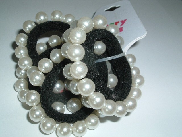 5 Black Velvet White Pearl Ponytail Scrunchies New w Tag