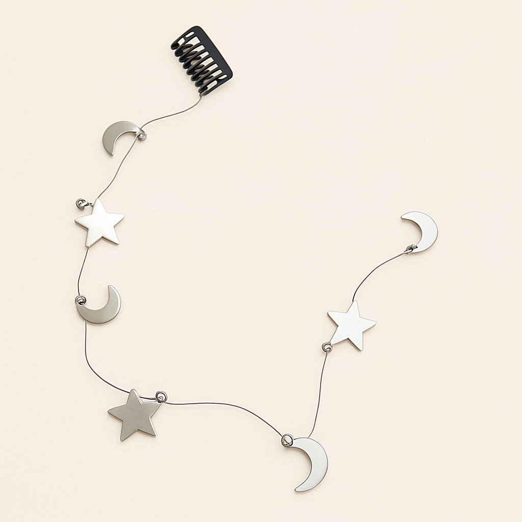 Women’s Black Stainless Steel Hair Strand Clip – Silver-Tone Moon & Star Design