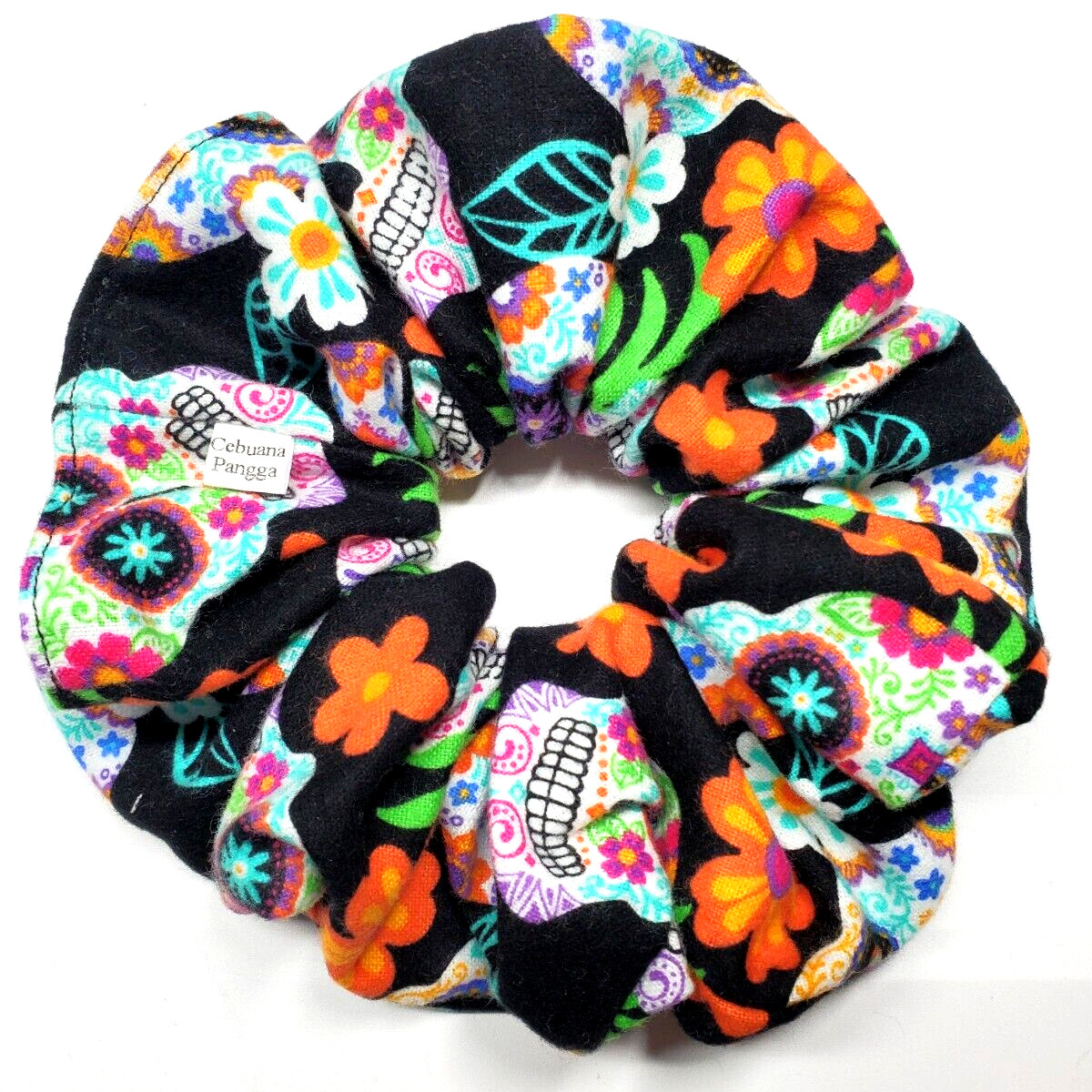 Handmade Women’s Scrunchies size XL Black Cotton Flannel Skull Floral Print New