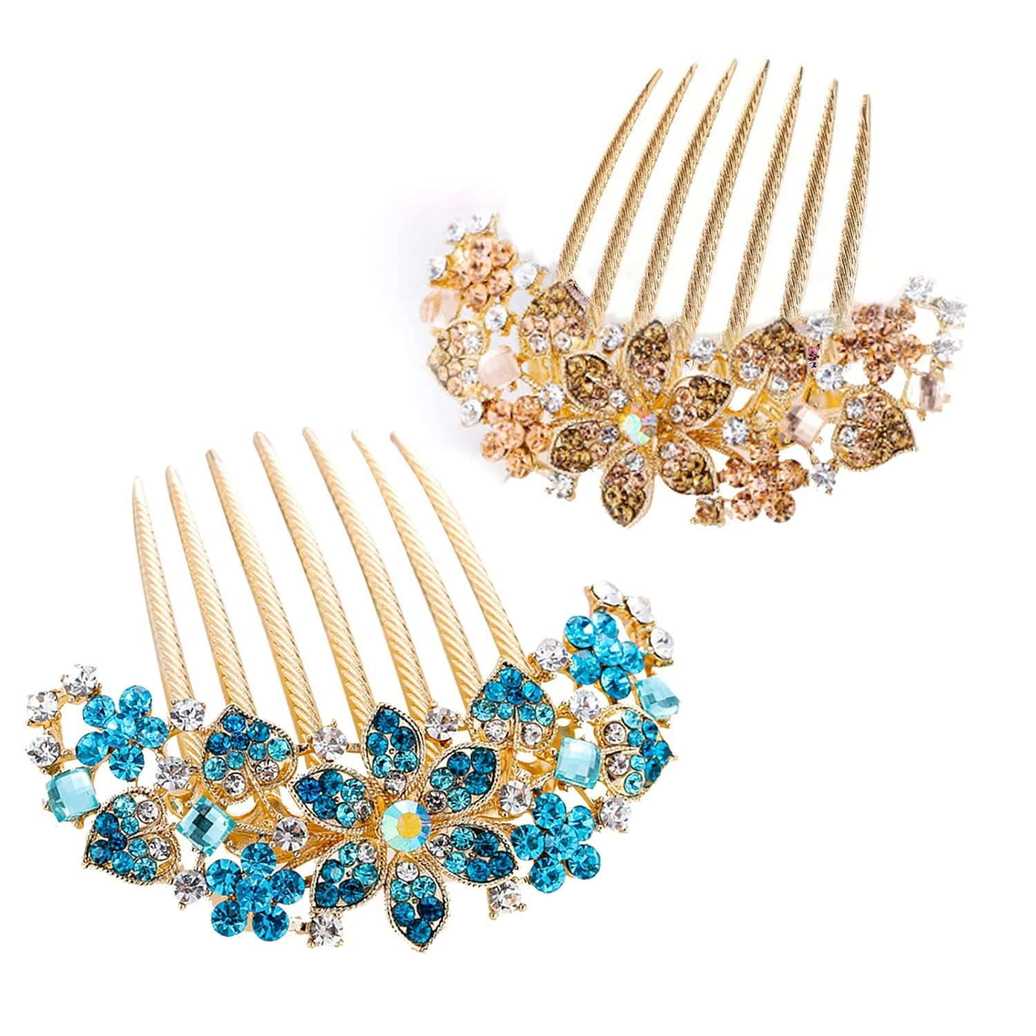2 PCS Flower Bridal Hair Comb Rhinestone Barrette Hairpin for Women Decorative C