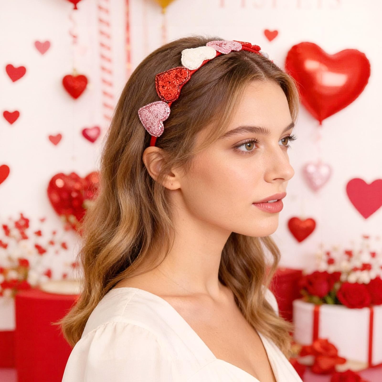 Valentines Day Glitter Hearts Headband Girls Cute Heart Headband Red Pink Cup…