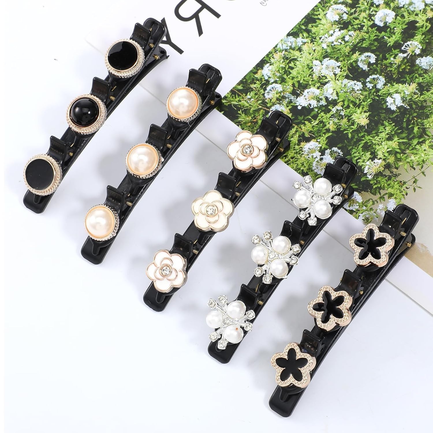 5Pcs Braided Hair Clips for Women, Pearl Hair Clip, Sparkling Crystal Stone Brai