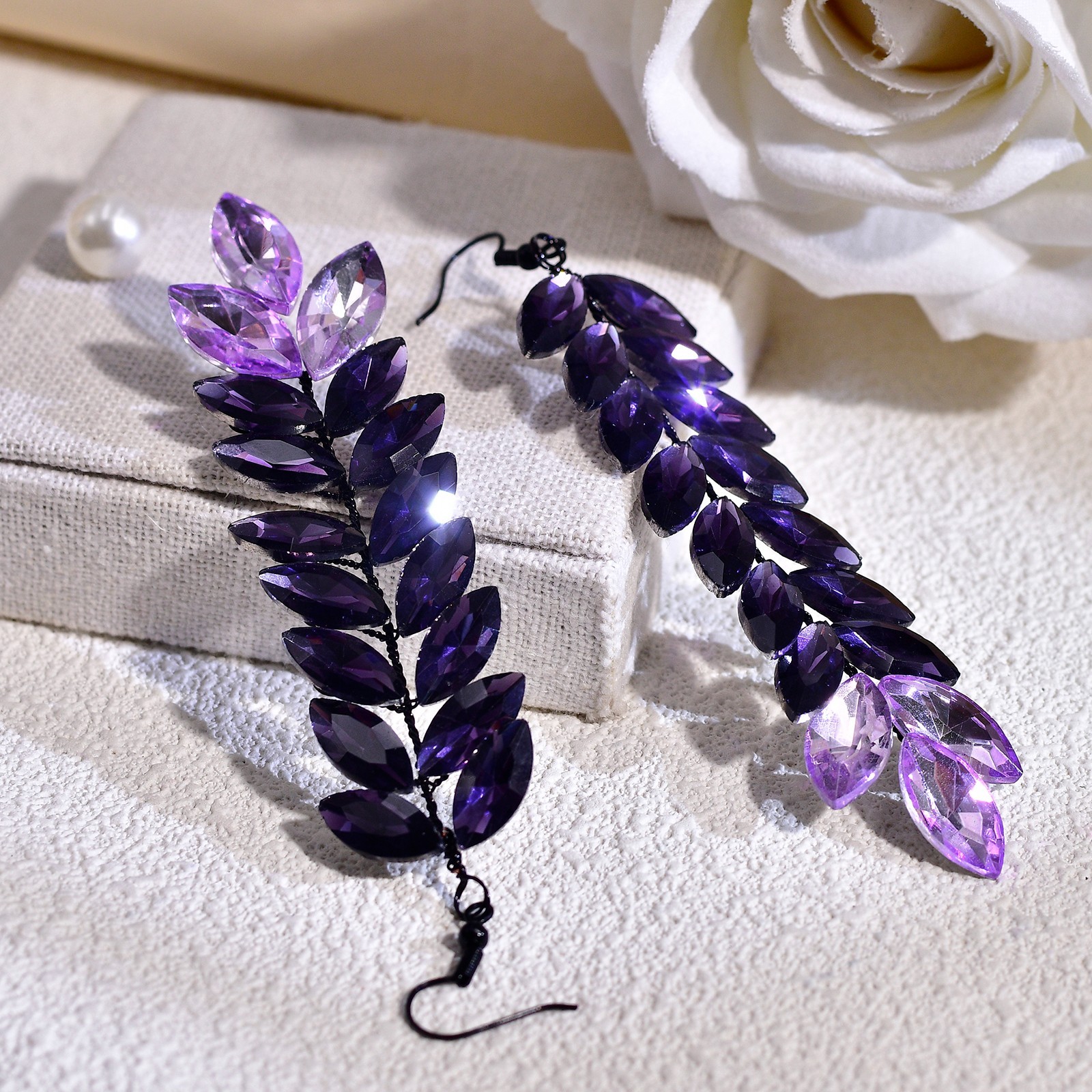 Luxury Purple Crystal Leaf Drop Earrings for Women – for Party, Wedding & Photos