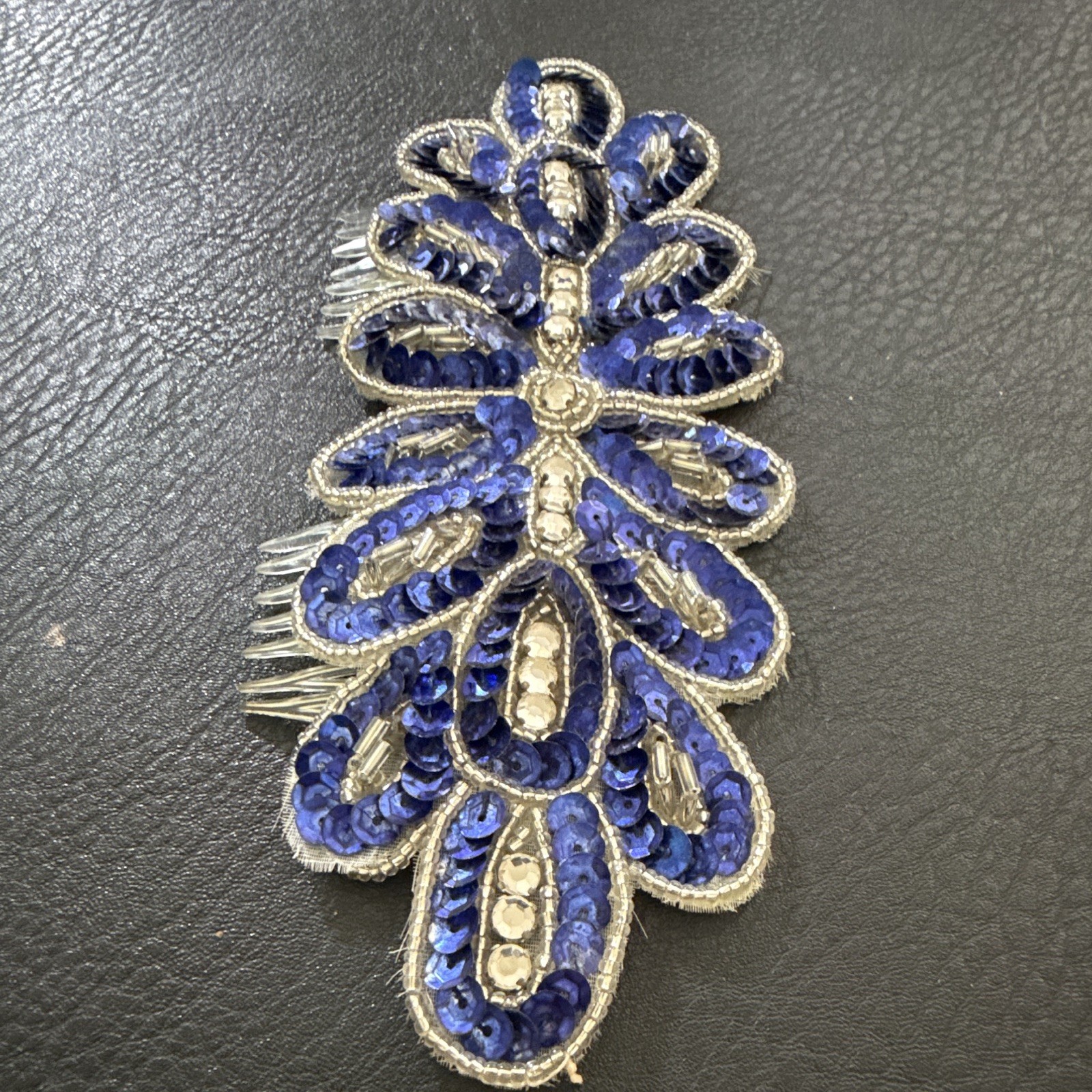 Blue & Silver Floral Hair Comb Metal Sequin Beaded Women’s Accessory