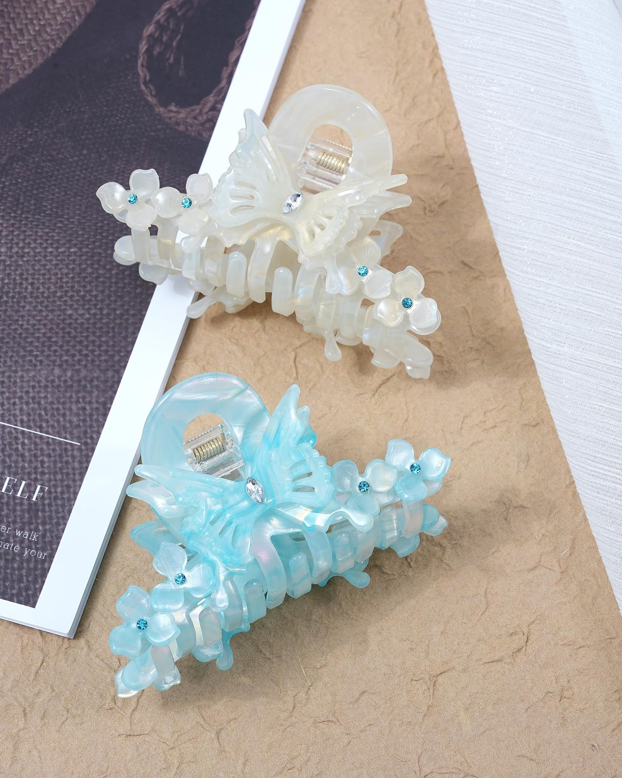 2Pcs 3D Strong Butterfly Claw Clips, Non Slip Cute Rhinestone Hair Set 4