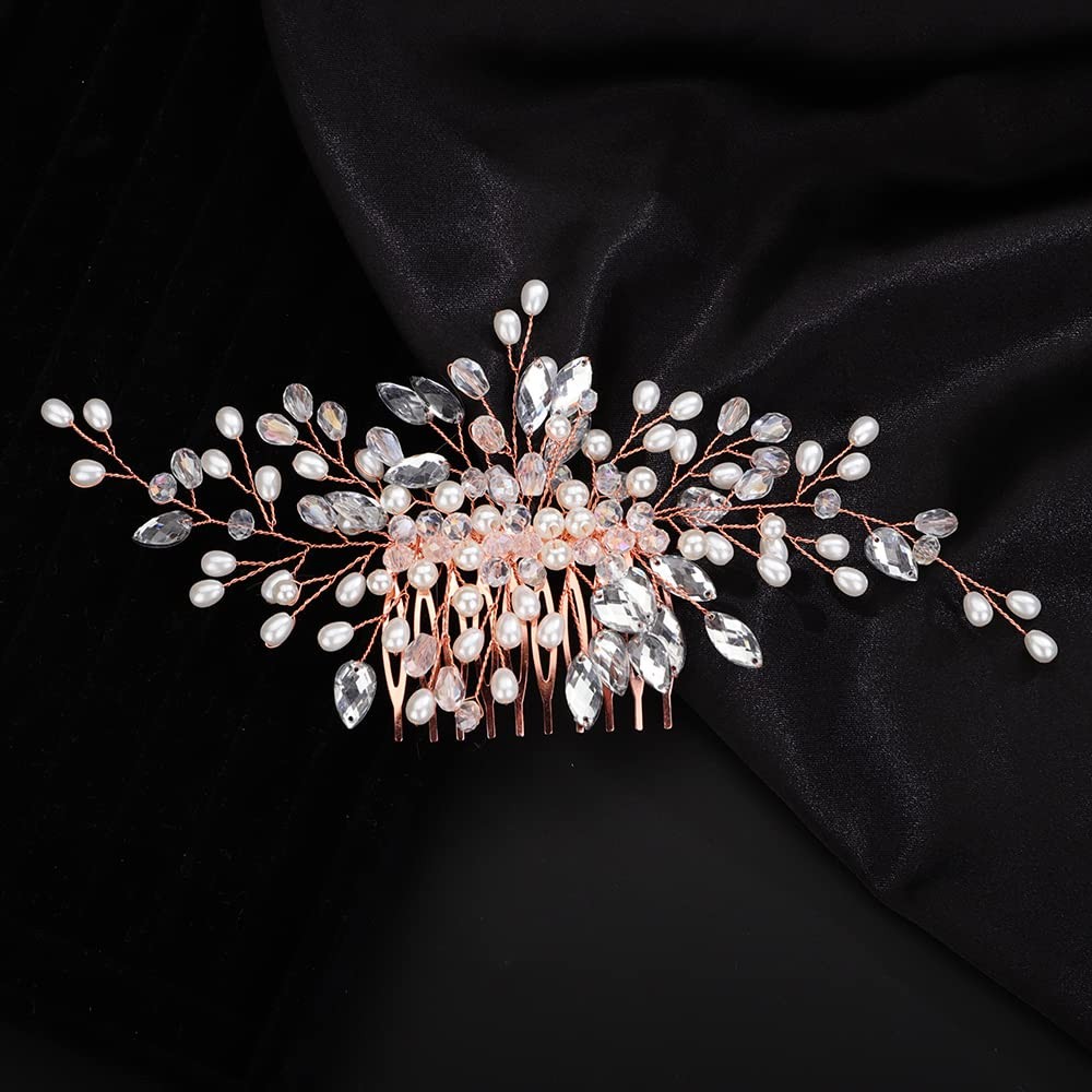Rose Gold Crystal Bridal Hair Comb Wedding Pearls Rhinestones Headpiece