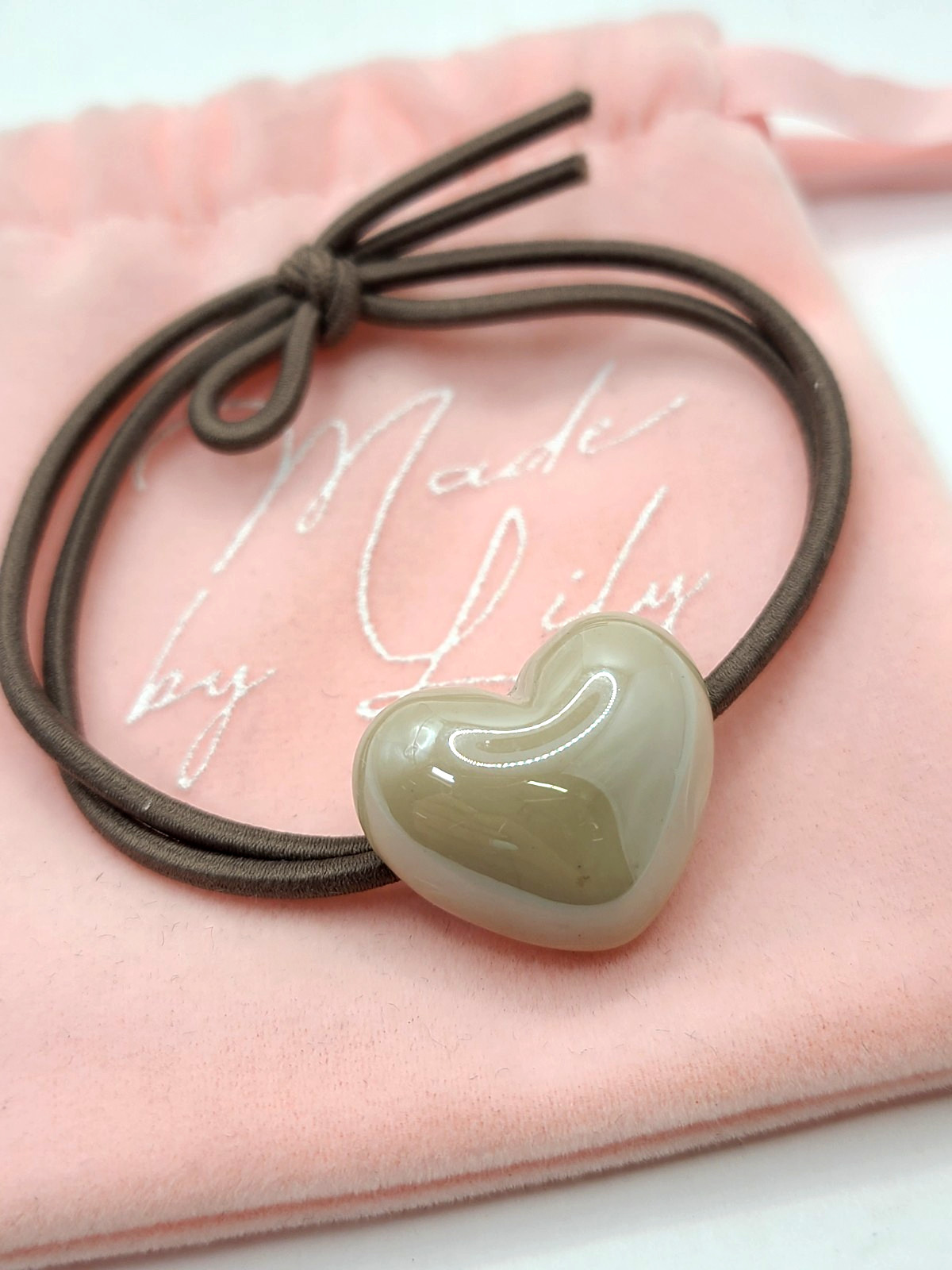 The Alma Marble Hair Tie Heart Charm Light Brown Tan