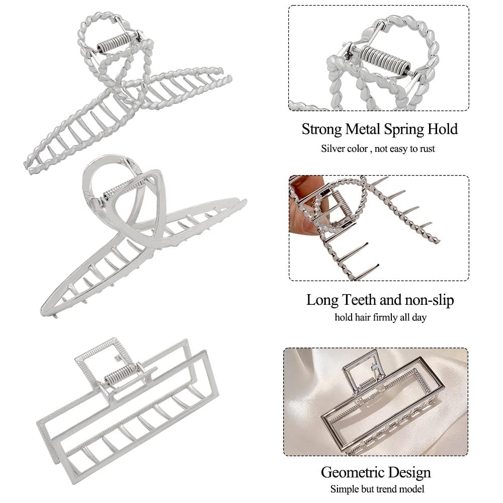 3pcs Hair Claw clips for Women, Metal Silver 1 Count (Pack of 3),