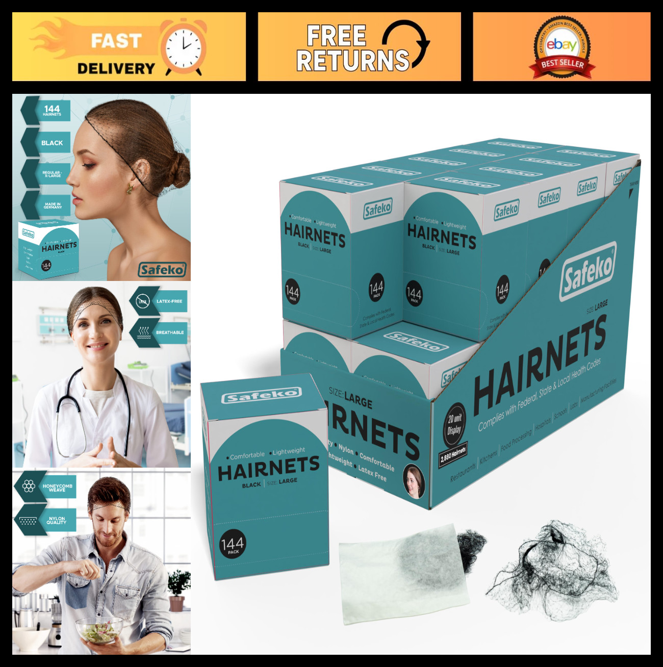 144 PCS Lightweight Nylon Hair Nets, Individually Wrapped, Latex-Free, Black, La