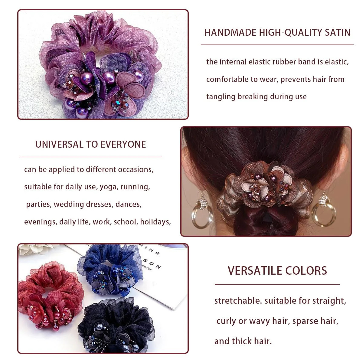 4 PCS Flower Hair Scrunchies for Women Rhinestone Elastic Hair Bands, Ponytail H