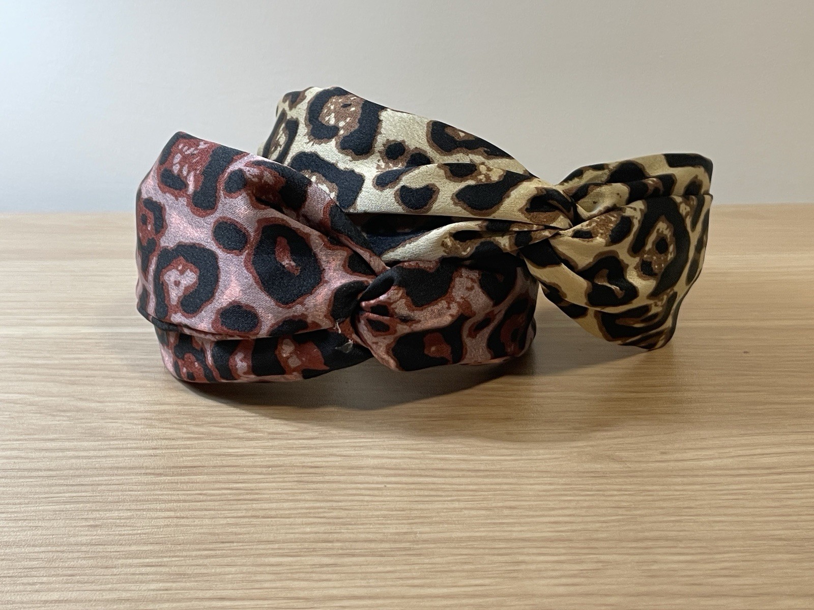 Leopard Print Knot Headband Set Blush & Tan Animal Print Satin Feminine Soft