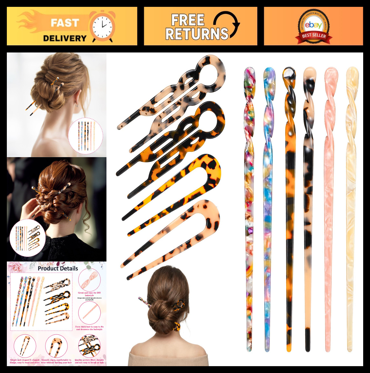 10 Pack Vintage Tortoise Shell U-Shaped Hair Pins, Retro 2-Prong Hair Sticks, Ha