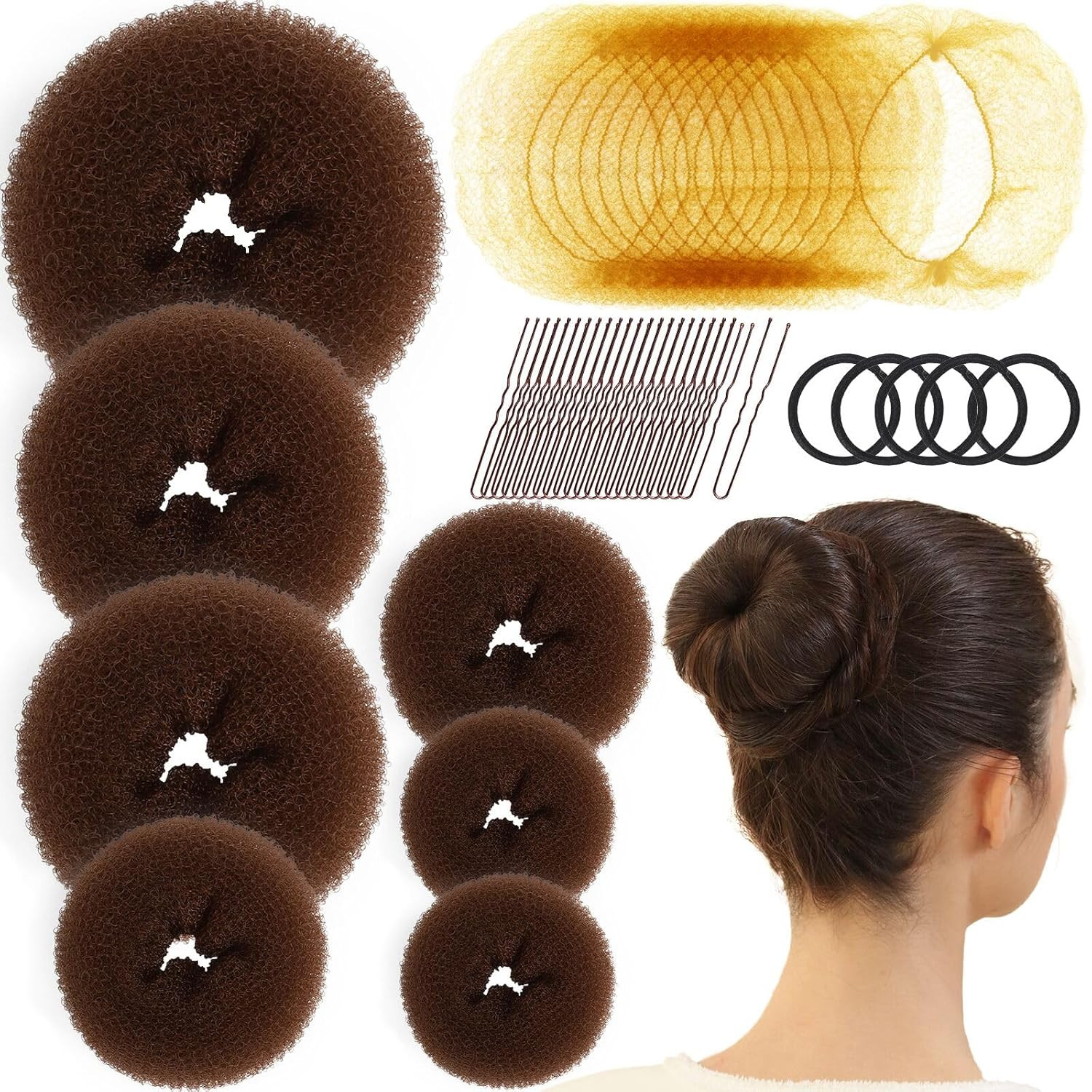 Hair Bun Maker Set 7 Donut Makers w/ Hair Nets Pins & Ties for Women Styling