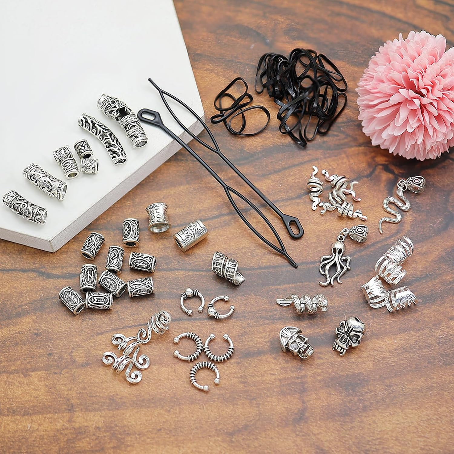 Fscwlmon 207Pcs Viking Hair Jewelry Nordic Runes Tube Beads,Accessories Kit for