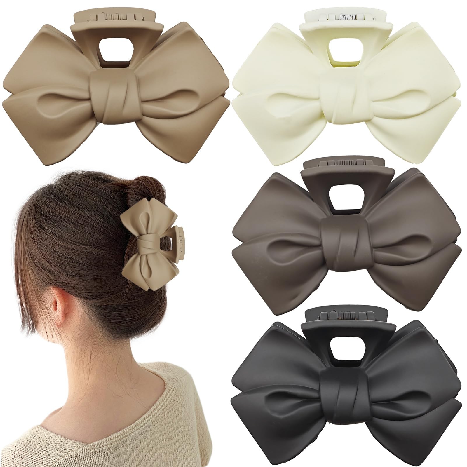 4 PACK Bow Claw 1 Count (Pack of 4), Beige + Khaki + Dark Coffee + Black