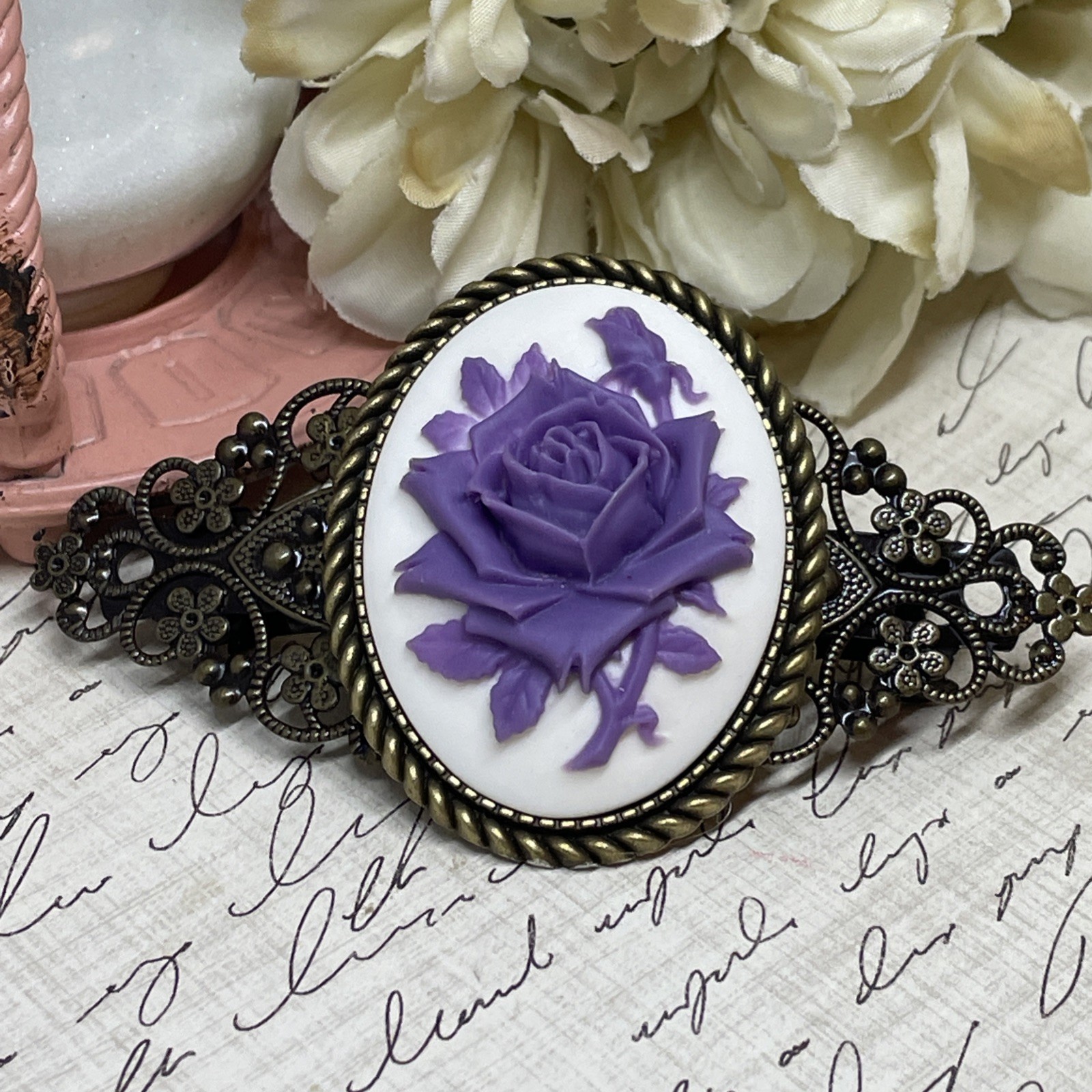 Purple White Rose Cameo Flower Anniversary Wedding Pin Hair Clip Jewelry Comb