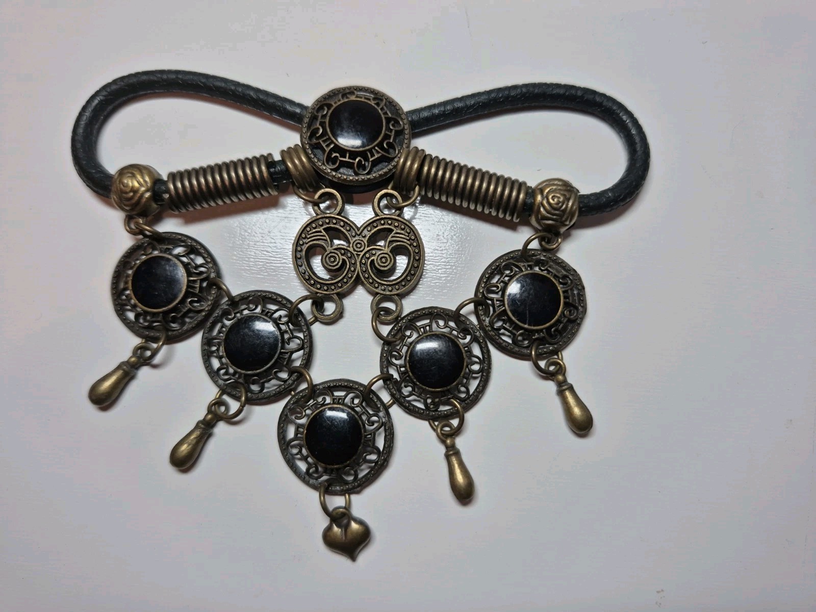 Vtg Antique Boho Black Leather Brass & Metal Hair Jewelry Barrette Tibetan Look