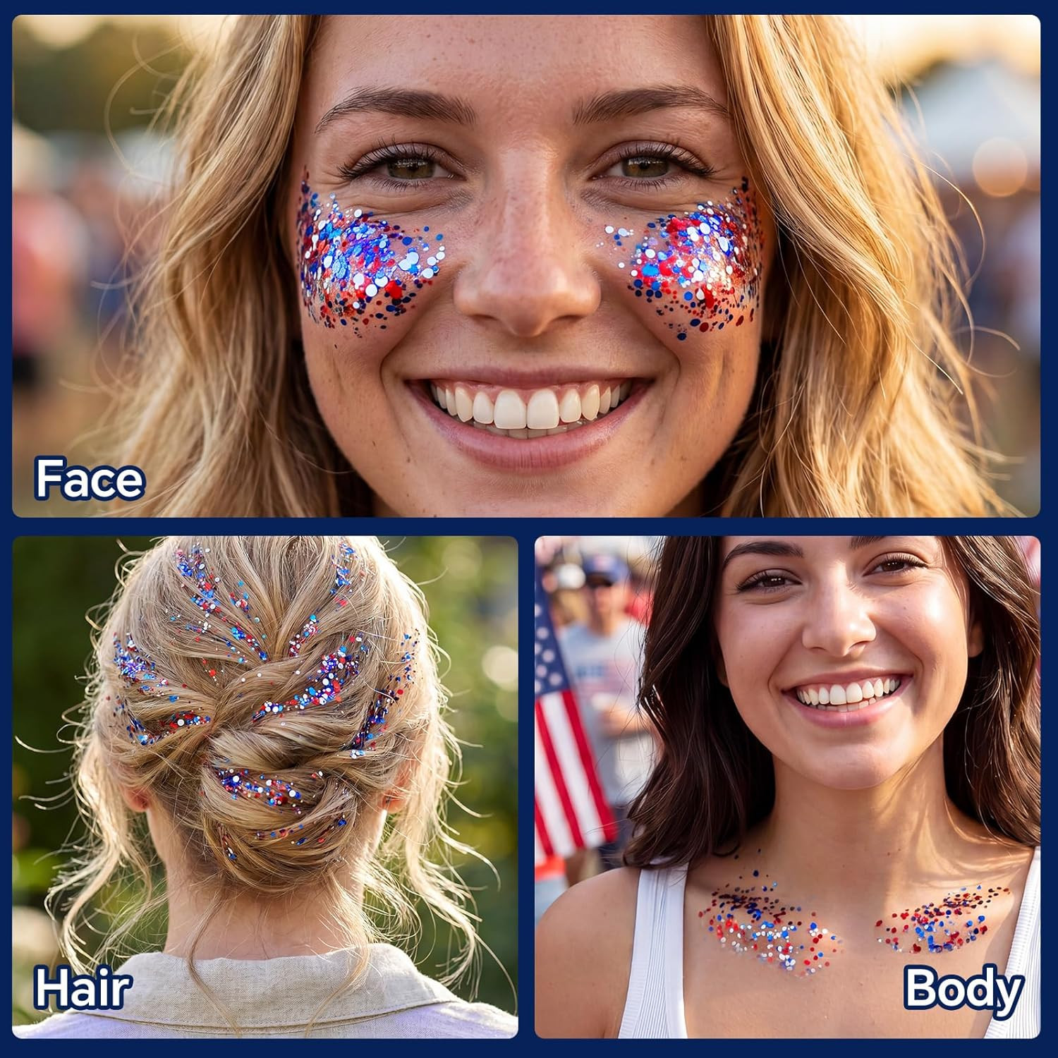 Red White Blue Sparkle Patriotic Glitter Stick – Face Hair Body Glitter, Waterpr