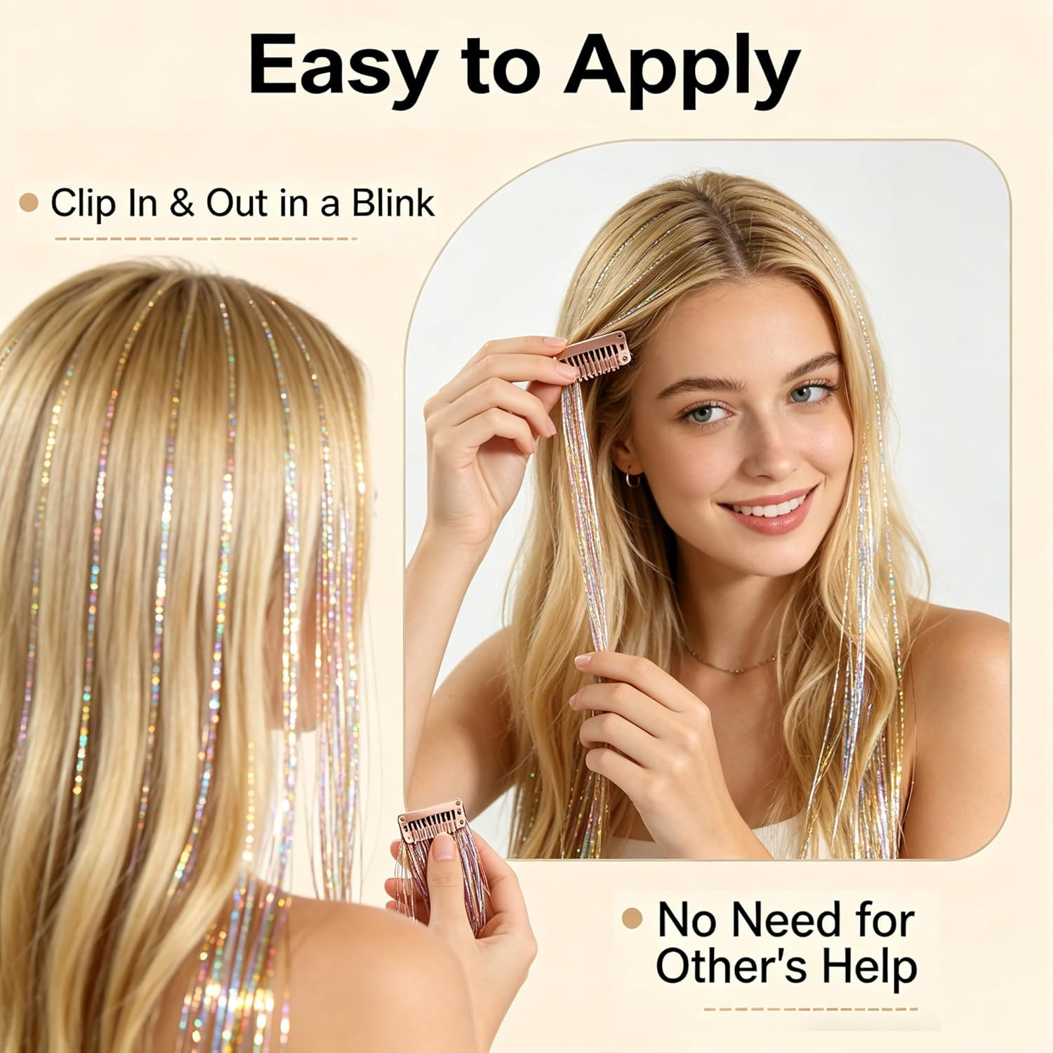 Red Silver Blue Mix Clip in Hair Tinsel 6Pcs Heat Resistant Sporty Hair Extensio